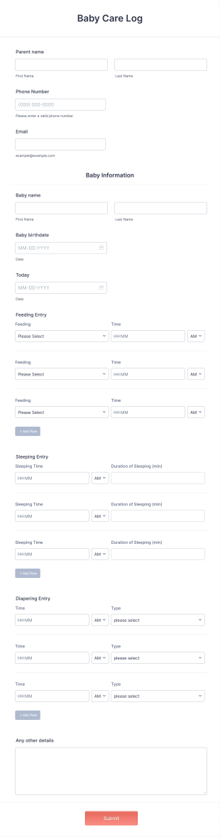 Baby Care Log Form Template