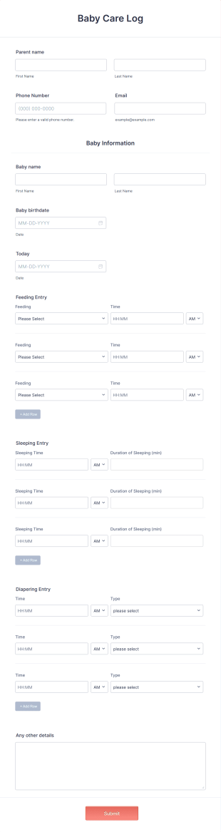 Baby Care Log Form Template