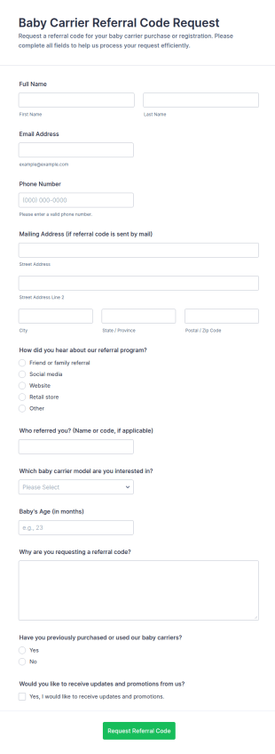 Baby Carrier Referral Code Request Form Template