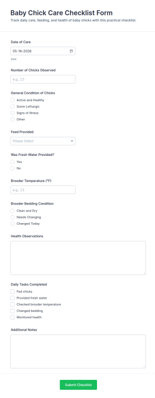 Baby Chick Care Checklist Form Template
