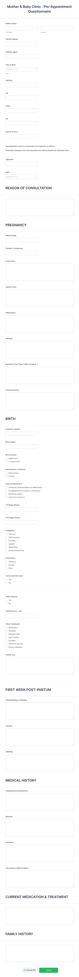 Baby Clinic Pre Appointment Questionnaire Form Template