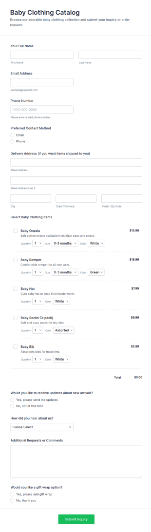 Baby Clothing Catalog Form Template