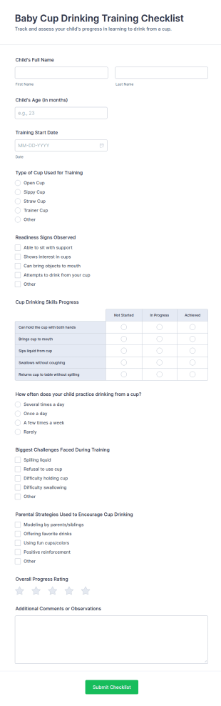 Baby Cup Drinking Training Checklist Form Template