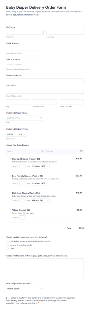 Baby Diaper Delivery Order Form Template