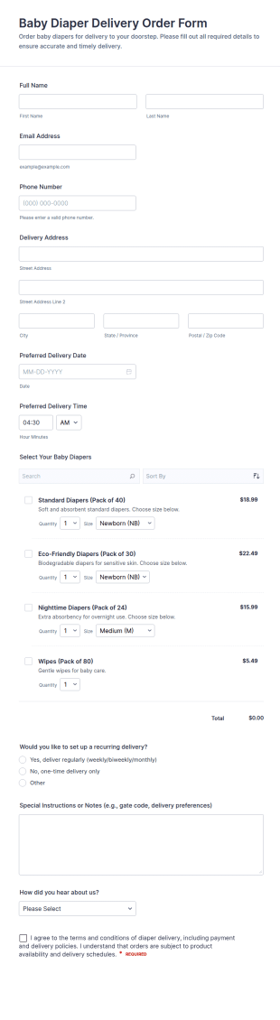 Baby Diaper Delivery Order Form Template