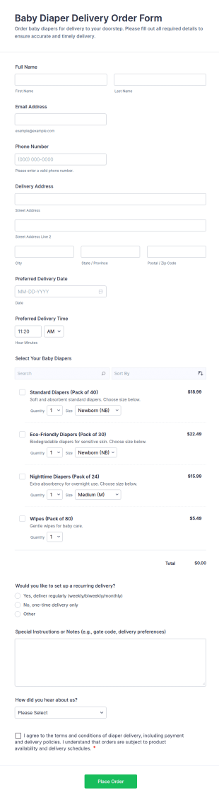 Baby Diaper Delivery Order Form Template