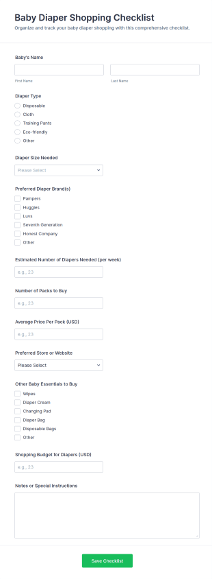 Baby Diaper Shopping Checklist Form Template