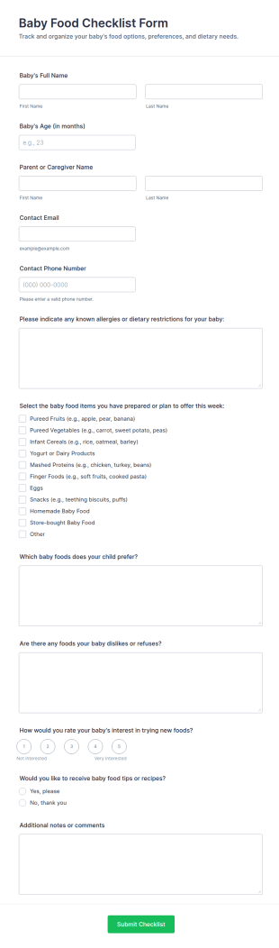 Baby Food Checklist Form Template