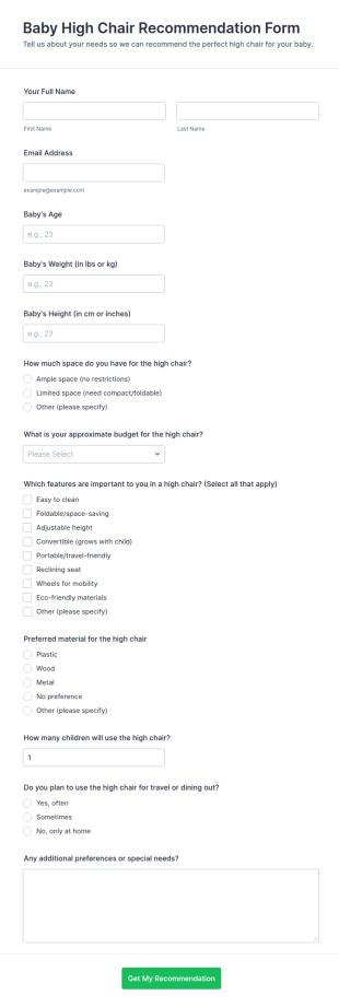 Baby High Chair Recommendation Form Template