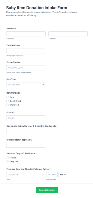 Baby Item Donation Intake Form Template