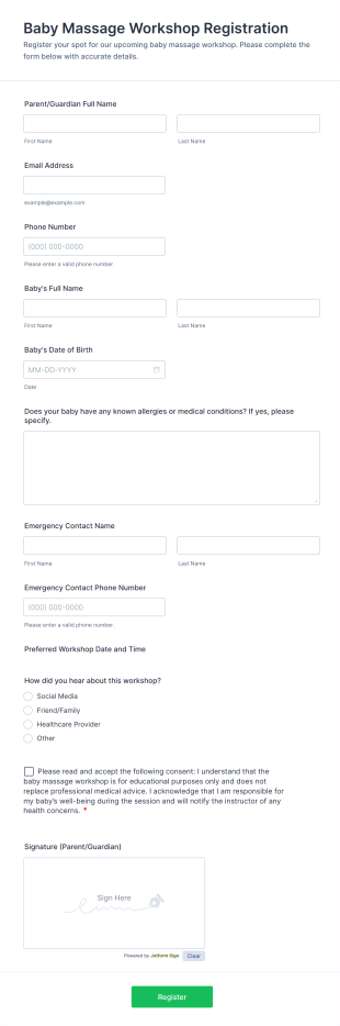 Baby Massage Workshop Registration Form Template