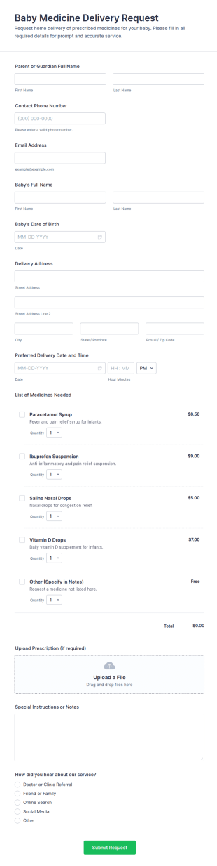 Baby Medicine Delivery Request Form Template
