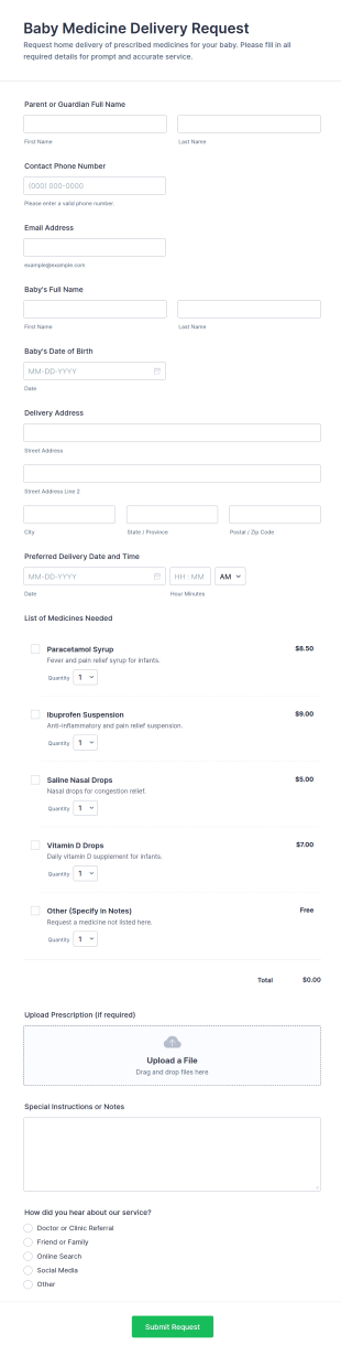 Baby Medicine Delivery Request Form Template