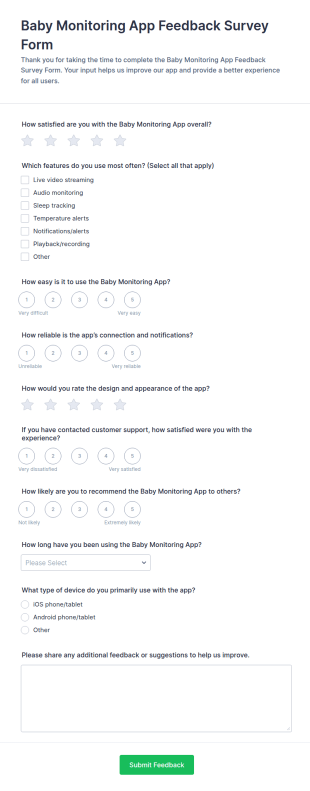 Baby Monitoring App Feedback Survey Form Template