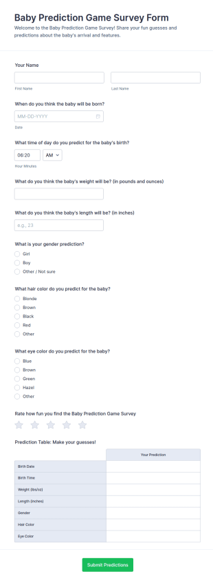 Baby Prediction Game Survey Form Template