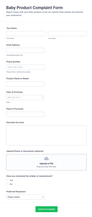 Baby Product Complaint Form Template