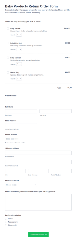 Baby Products Return Order Form Template