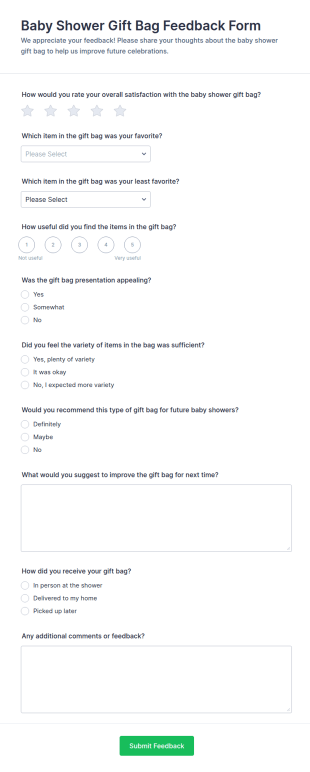 Baby Shower Gift Bag Feedback Form Template