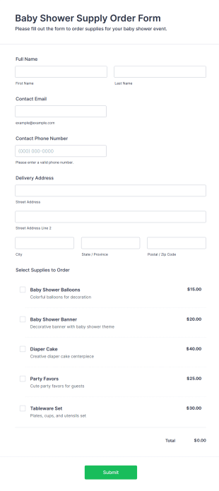 Baby Shower Supply Order Form Template