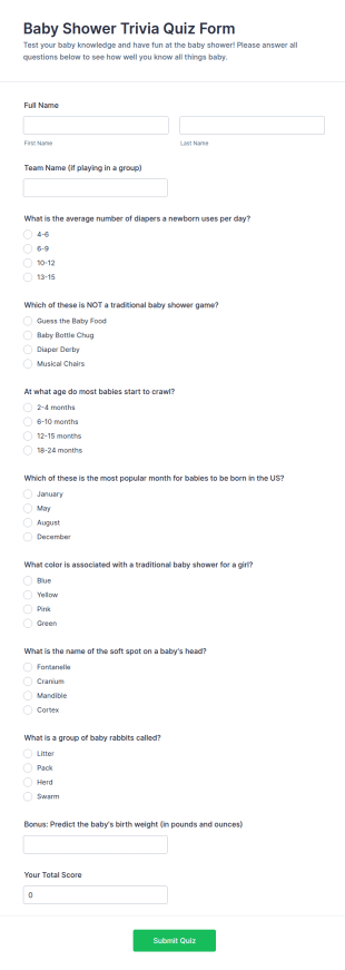 Baby Shower Trivia Quiz Form Template