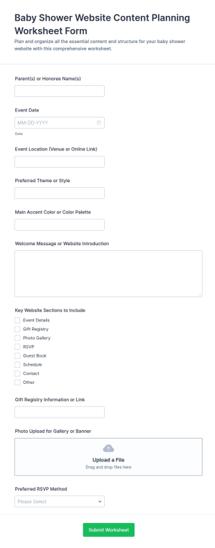 Baby Shower Website Content Planning Worksheet Form Template