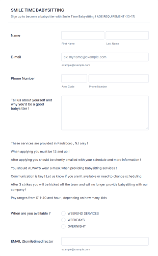 South Jersey Babysitter Application Form Template