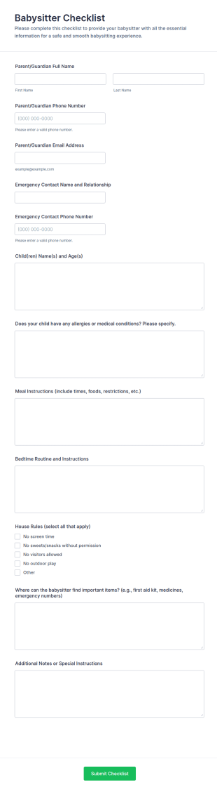 Babysitter Checklist Form Template