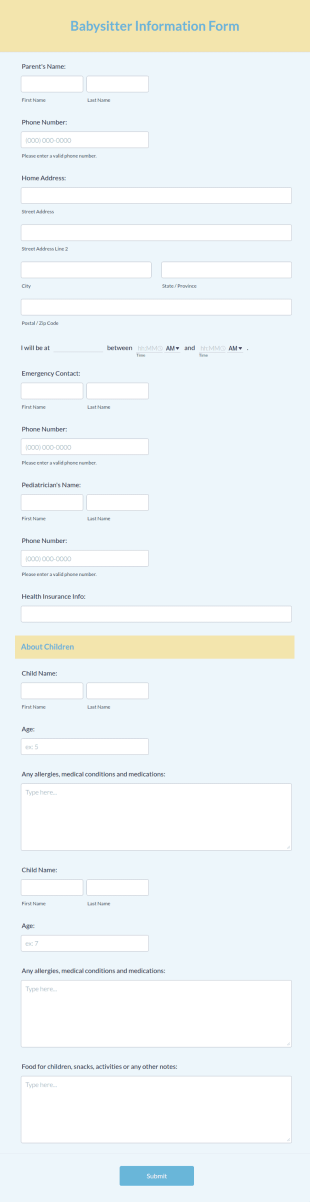 Babysitter Information Form Template