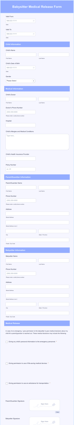 Babysitter Medical Release Form Template
