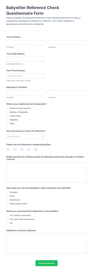 Babysitter Reference Check Questionnaire Form Template