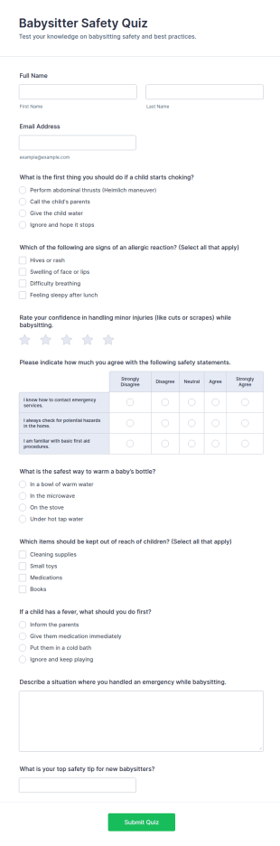 Babysitter Safety Quiz Form Template