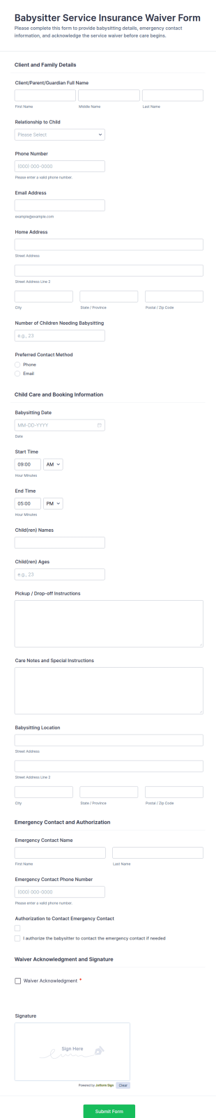Babysitter Service Insurance Waiver Form Template