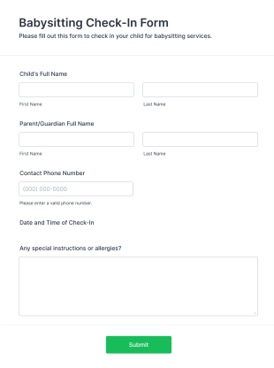 Babysitting Check In Form Template