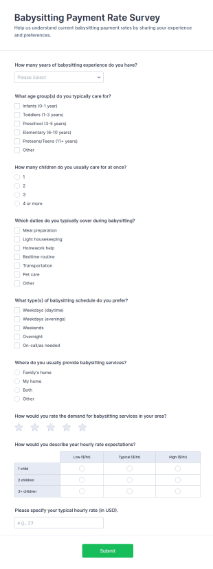 Babysitting Payment Rate Survey Form Template