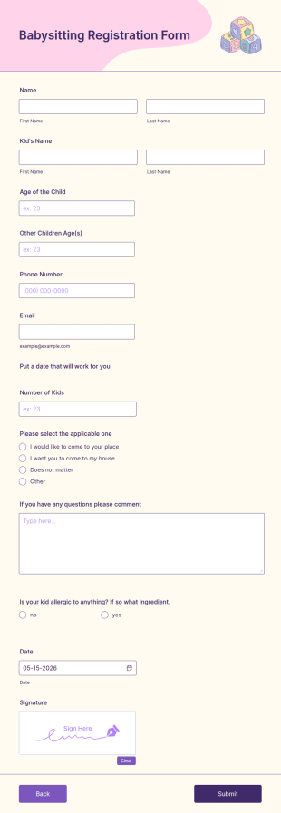 Babysitting Registration Form Template