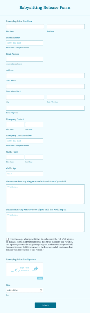Babysitting Release Form Template