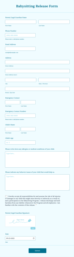 Babysitting Release Form Template