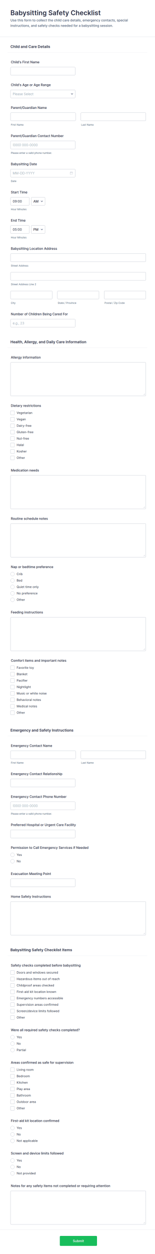 Babysitting Safety Checklist Form Template