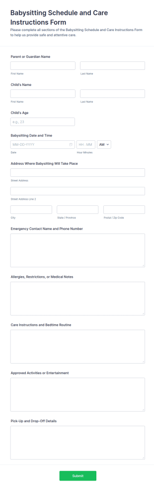 Babysitting Schedule And Care Instructions Form Template