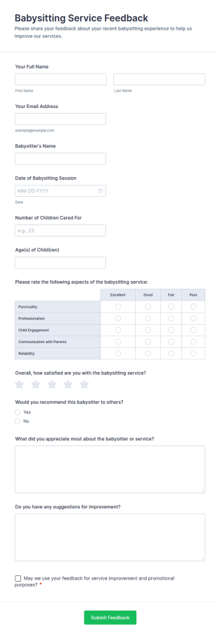 Babysitting Service Feedback Form Template