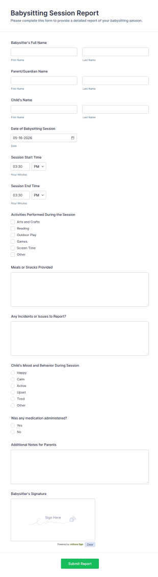 Babysitting Session Report Form Template