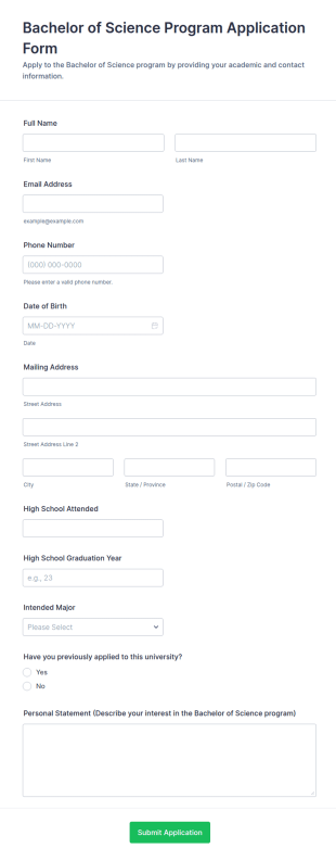 Bachelor Of Science Program Application Form Template