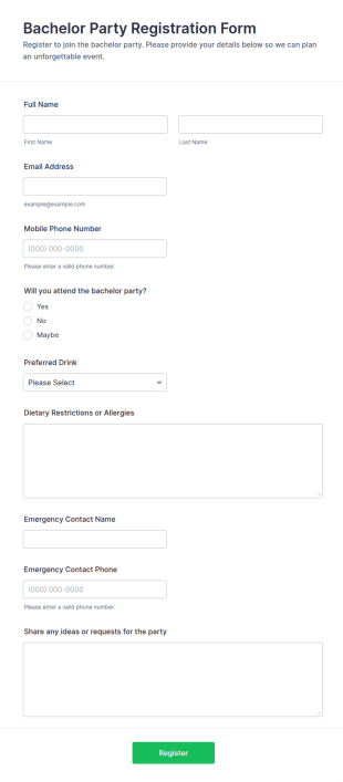 Bachelor Party Registration Form Template