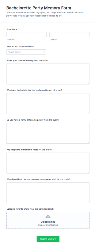 Bachelorette Party Memory Form Template