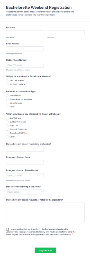 Bachelorette Weekend Registration Form Template