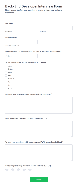 Back End Developer Interview Form Form Template