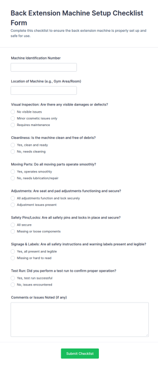 Back Extension Machine Setup Checklist Form Template