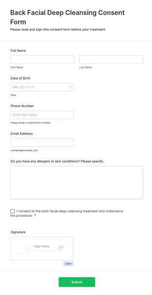 Back Facial Deep Cleansing Consent Form Template