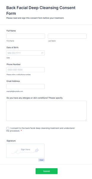 Back Facial Deep Cleansing Consent Form Template