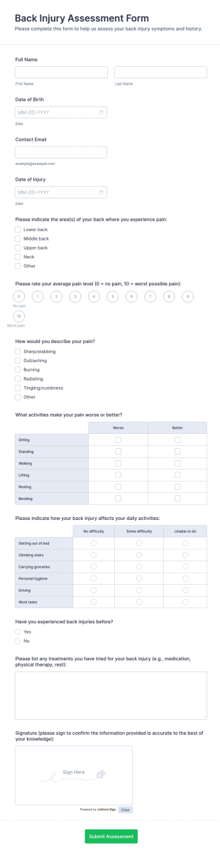 Back Injury Assessment Form Template